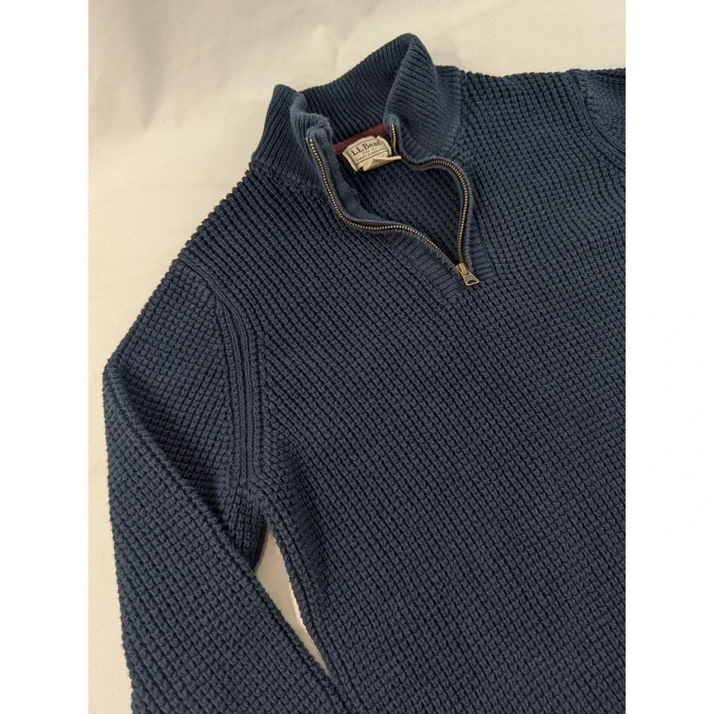 LL Bean Men's Large 100% Organic Cotton Waffle Knit 1/4 Zip Sweater Blue Heavy‎